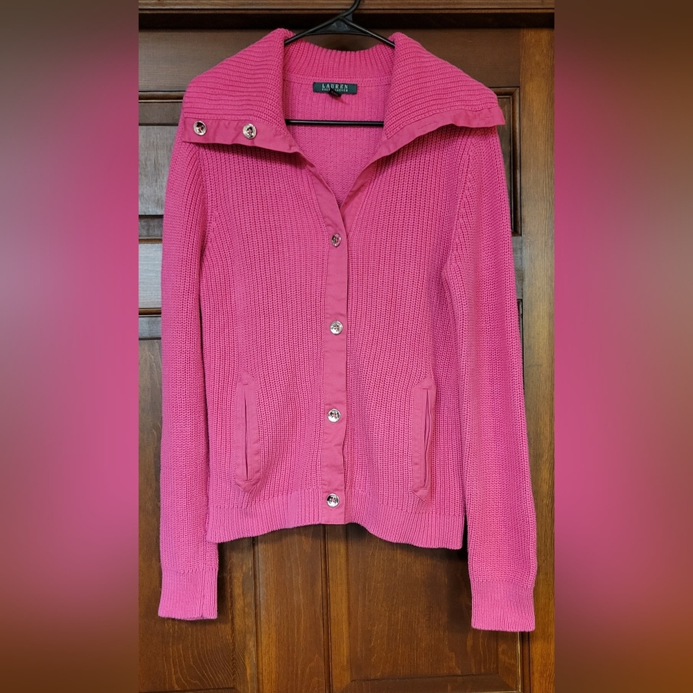 LAUREN RALPH LAUREN CLASSIC ISLAND PINK KNIT CHUNKY CARDIGAN SWEATER- LARGE